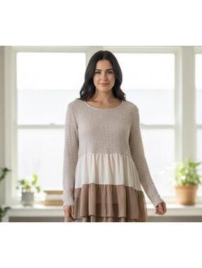Oh Gussie! Long Sleeve Knit Chiffon Tiered Top L boho